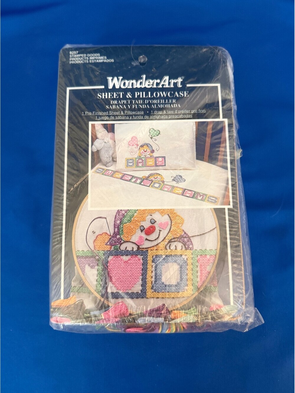 WonderArt Sheet & Pillowcase Cross Stitch Kit with Clown and Baby Blocks Design